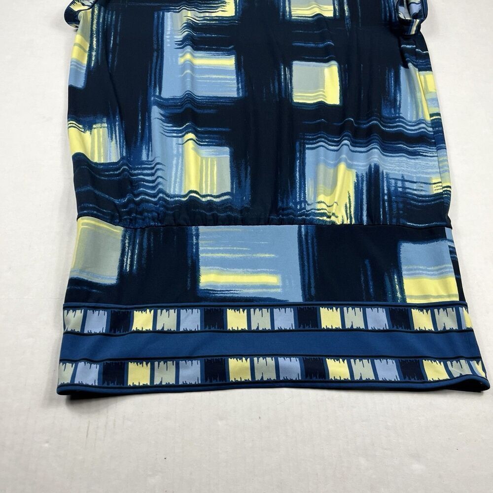 BCBGMaxAzria Blue Yellow Abstract Print Sheath Dress M Artsy Mod Sleek Casual - Picture 2 of 10